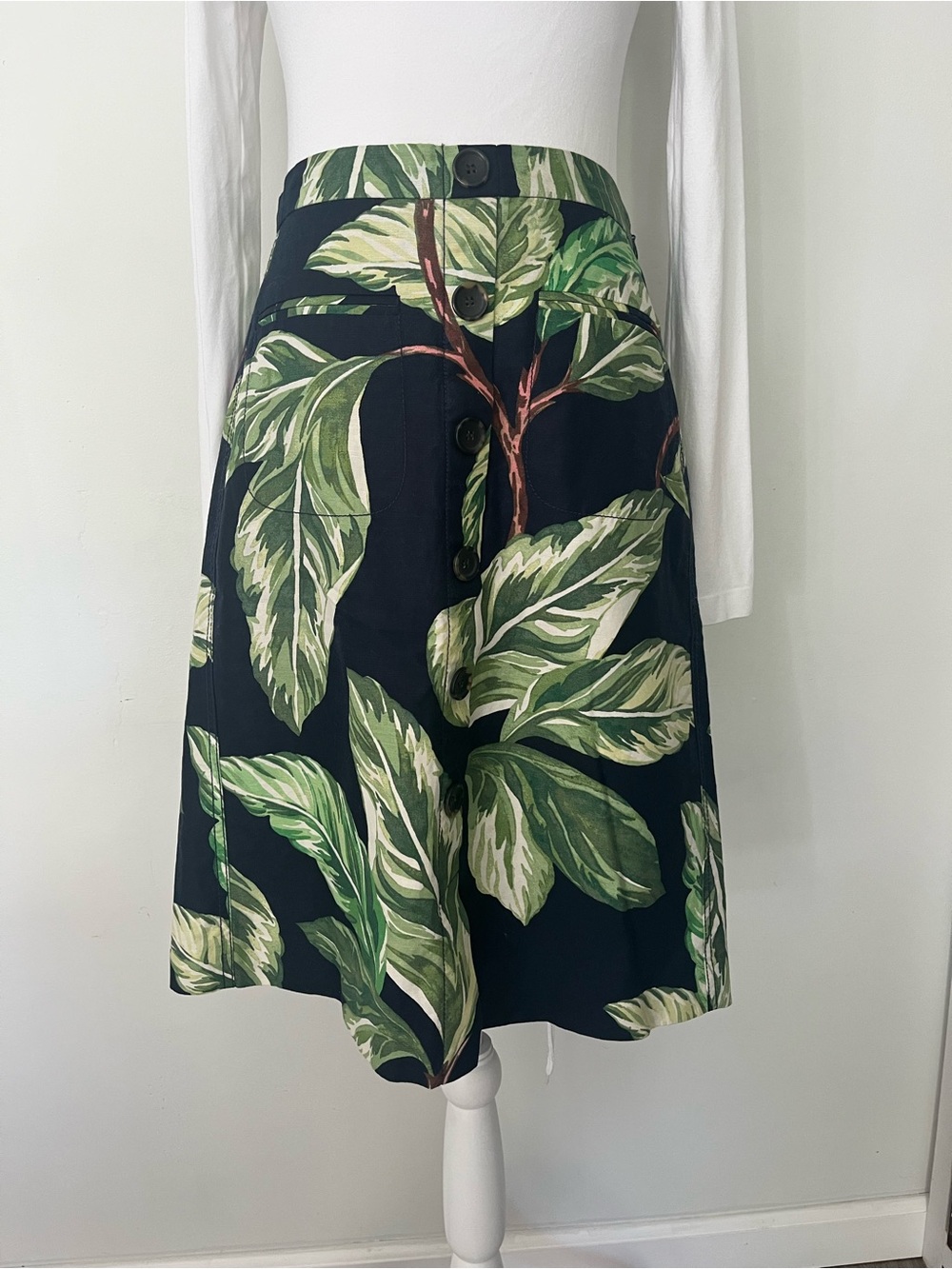 Ann Taylor Navy Skirt with Green Leaf Print